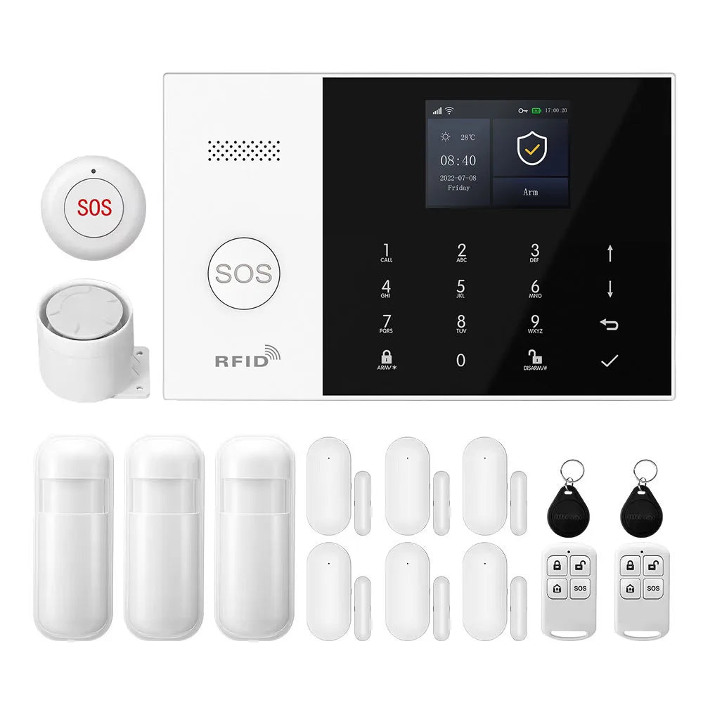 PGST 4G WiFi Smart Wireless Burglar Anti Theft Alarm Security Kit Works with Tuya Works with Smart Life Mobile Phone Remote Arm Disarm Real Time Alarm Push Door Sensor Motion Detector Full Set Smart Home Safety Device Europe House Shop Garage