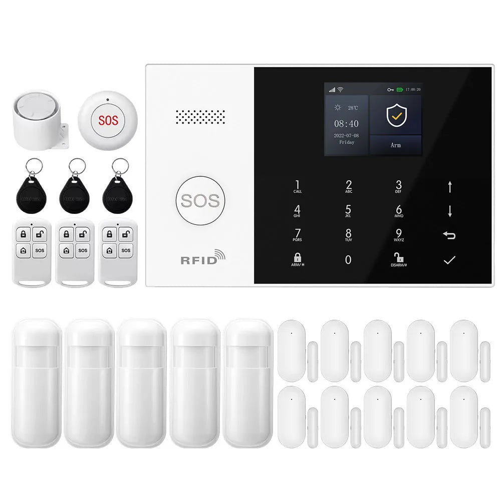 PGST 4G WiFi Smart Wireless Burglar Anti Theft Alarm Security Kit Works with Tuya Works with Smart Life Mobile Phone Remote Arm Disarm Real Time Alarm Push Door Sensor Motion Detector Full Set Smart Home Safety Device Europe House Shop Garage