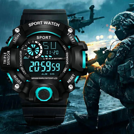 Fashion Men's Watch Sports Electronic Wristwatch Large Dial Multifunctional Waterproof Luminous Alarm Kids Male's Military Watch