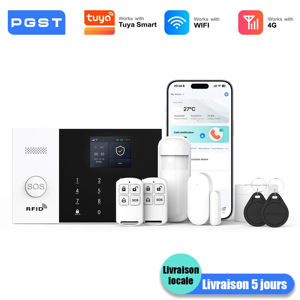 PGST 4G WiFi Smart Wireless Burglar Anti Theft Alarm Security Kit Works with Tuya Works with Smart Life Mobile Phone Remote Arm Disarm Real Time Alarm Push Door Sensor Motion Detector Full Set Smart Home Safety Device Europe House Shop Garage