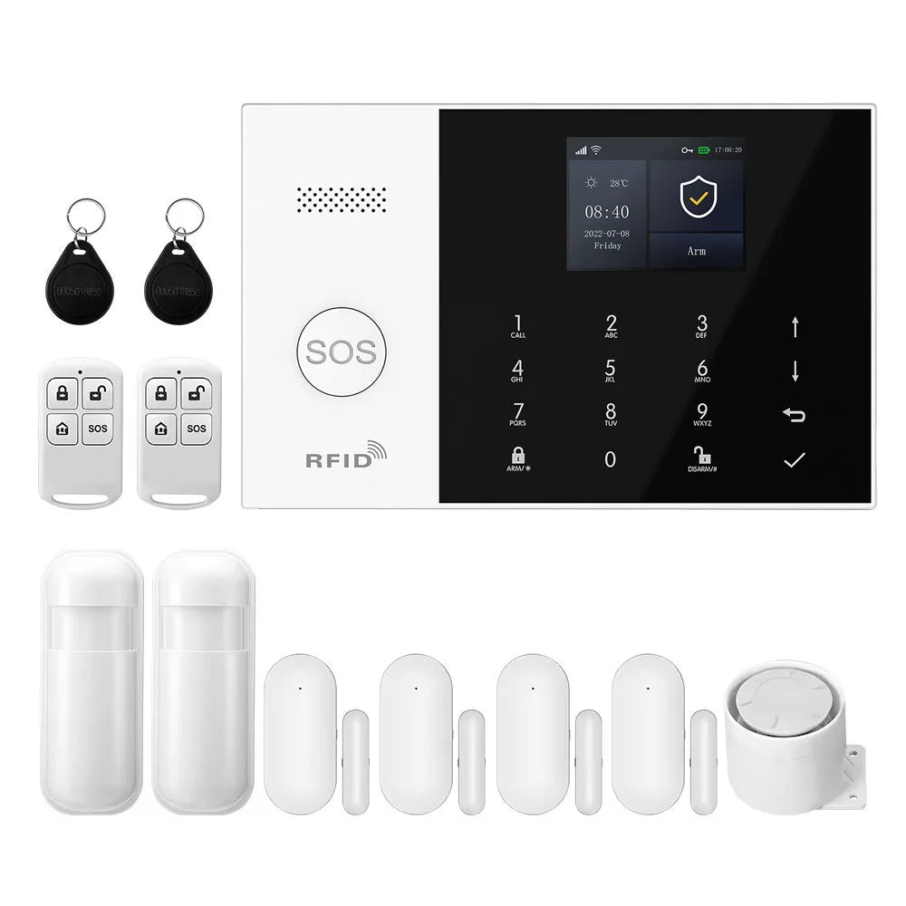 PGST 4G WiFi Smart Wireless Burglar Anti Theft Alarm Security Kit Works with Tuya Works with Smart Life Mobile Phone Remote Arm Disarm Real Time Alarm Push Door Sensor Motion Detector Full Set Smart Home Safety Device Europe House Shop Garage