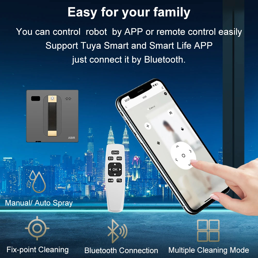 Robot Window Cleaner ABIR WD8,Dual Water Spray,Smart Memory,High Vacuum Suction, Laser Sensor, Home Wall Glass Cleaning Robot