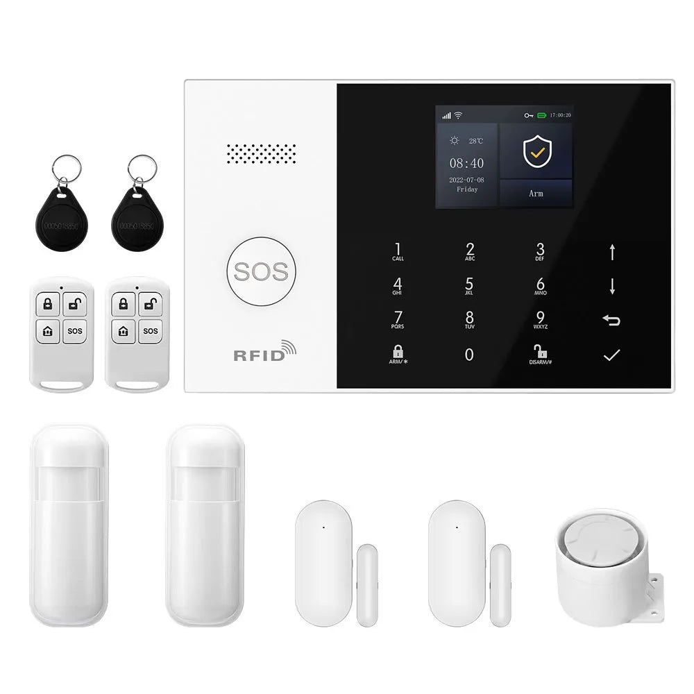 PGST 4G WiFi Smart Wireless Burglar Anti Theft Alarm Security Kit Works with Tuya Works with Smart Life Mobile Phone Remote Arm Disarm Real Time Alarm Push Door Sensor Motion Detector Full Set Smart Home Safety Device Europe House Shop Garage