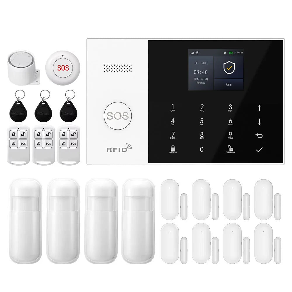 PGST 4G WiFi Smart Wireless Burglar Anti Theft Alarm Security Kit Works with Tuya Works with Smart Life Mobile Phone Remote Arm Disarm Real Time Alarm Push Door Sensor Motion Detector Full Set Smart Home Safety Device Europe House Shop Garage
